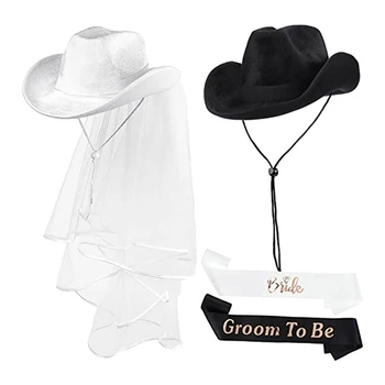 1set Käsitöö Peigmees, Pruut Cowgirl Müts Pruudi õlarihm Lääne Shinning Valge Must Fedora Müts Lõng Loor DXAA